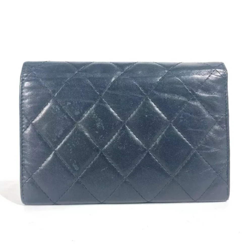 Auth CHANEL Cambon Line CC CC Mark Compact wallet Folded wallet Leather Black/Wh - Picture 14 of 15
